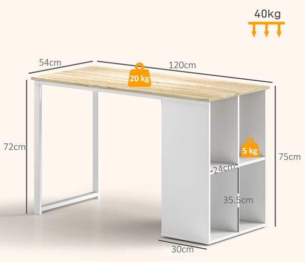 HOMCOM Birou pentru Computer cu 4 Rafturi Deschise și Picioare Antiderapante, 120x54x75 cm, Stejar | Aosom Romania