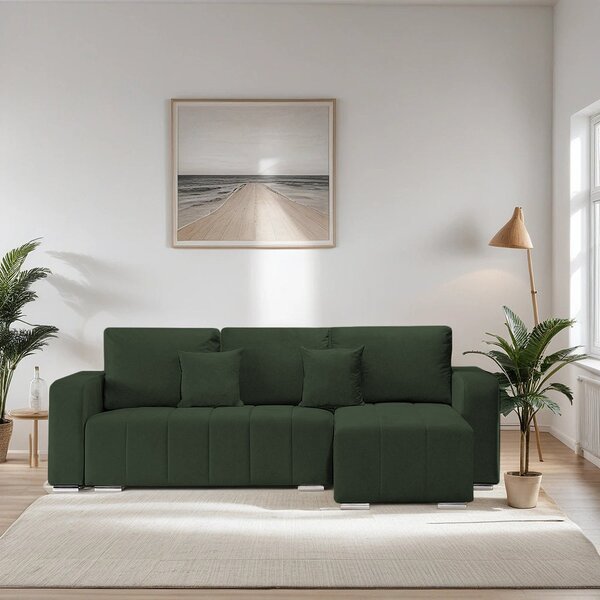 Coltar Extensibil 3 locuri Armando, cu ladă de depozitare, Verde - Gri, 240x147x85 cm