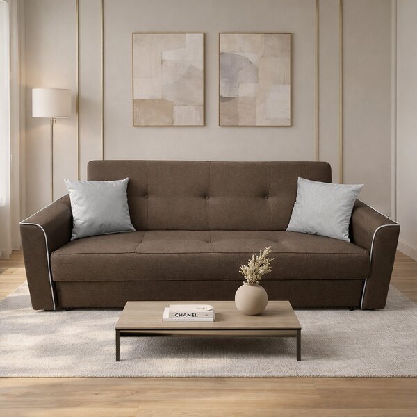 Canapea VERA extensibila, 3 locuri, lada de depozitare, stofa maro + gri, 225x90x90 Maro + Gri, Stofa