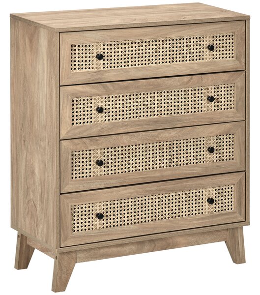 HOMCOM Comodă cu 4 Sertare Stil Boho din Ratan 80x35x95 cm Lemn Natural | Aosom Romania