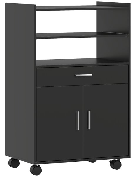 HOMCOM Dulap pentru Cuptorul cu Microunde cu Roți, Bufet de Bucătărie cu Sertar, Blat pentru Aparate, Dulap cu 2 Uși, Raft Retractabil și Raft Deschis, Cărucior de Bucătărie pentru Sufragerie, 59x40x92cm, Negru | Aosom Romania