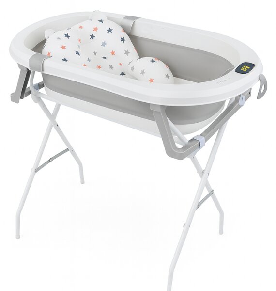 Cadita pliabila cu termometru electronic, hamac ajustabil,dop si stand pliabil Kidizi Folda grey, certificat EN71, include furtun scurgere si baza antialunecare, 0-24 luni