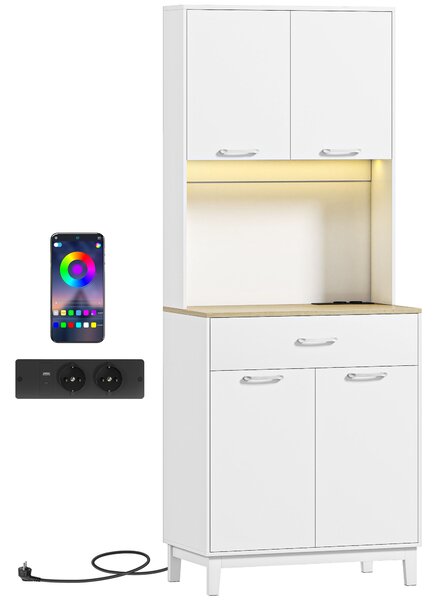 HOMCOM Credență Modernă cu Lumini, Prize USB, 2 Dulapuri și Sertar Alb | Aosom Romania