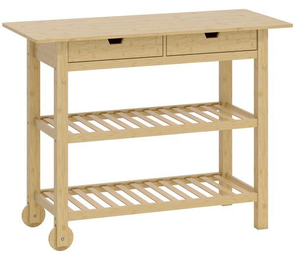 HOMCOM Cărucior de Bucătărie din Lemn de Bambus cu 2 Sertare, 2 Rafturi și 2 Roți, 100x43x75 cm, Lemn | Aosom Romania