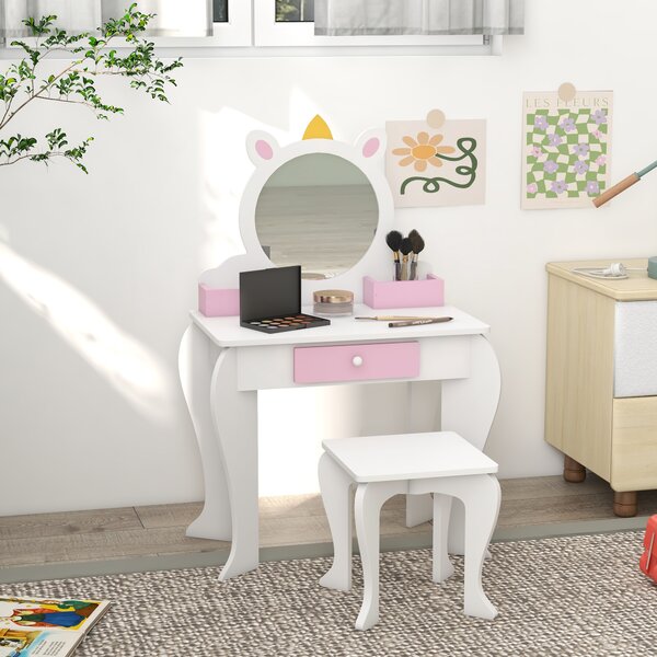 ZONEKIZ Set de Toaletă pentru Fete cu Taburet și Oglindă, Design Unicorn | Aosom Romania