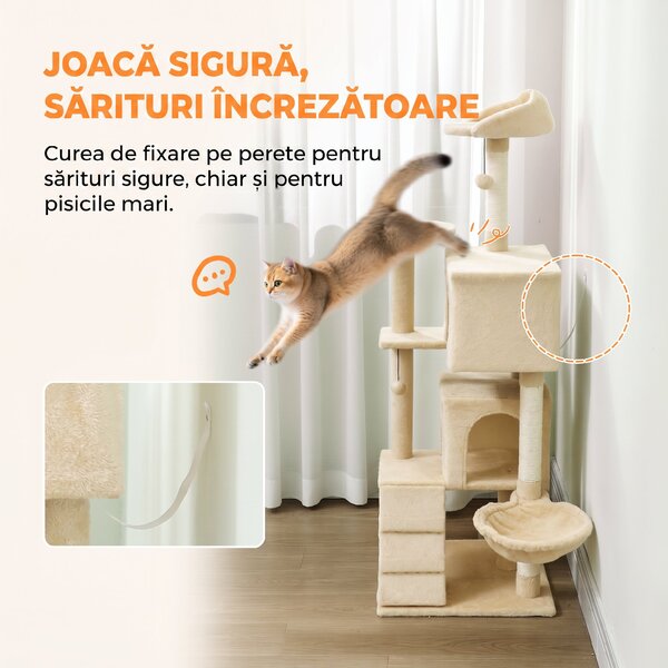 PawHut Ansamblu pentru Pisici, 140 Cm, cu 2 Căsuțe, Hamac, Culcuș și Stâlpi din Sisal, Bej | Aosom Romania