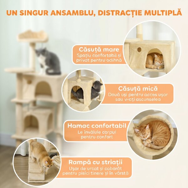 PawHut Ansamblu pentru Pisici, 140 Cm, cu 2 Căsuțe, Hamac, Culcuș și Stâlpi din Sisal, Bej | Aosom Romania
