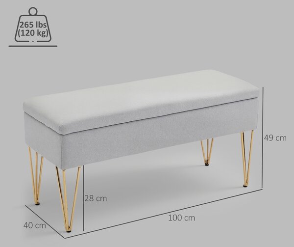 HOMCOM Bancă cu Depozitare din Material Textil și Picioare din Oțel, 100x40x49 cm, Gri Deschis | Aosom Romania