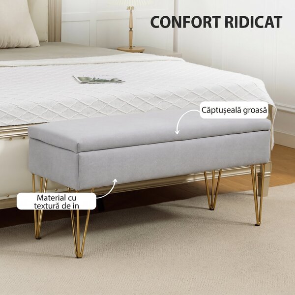 HOMCOM Bancă cu Depozitare din Material Textil și Picioare din Oțel, 100x40x49 cm, Gri Deschis | Aosom Romania