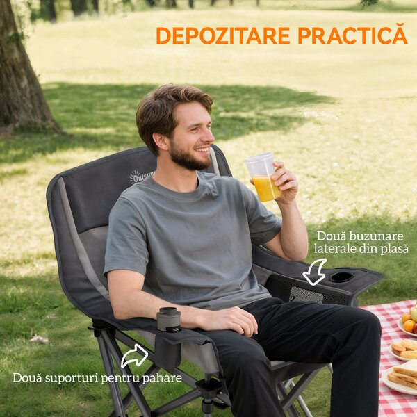 Outsunny Scaun de Camping Pliabil cu 2 Suporturi pentru Pahare și Buzunare Laterale, 99x71x103 cm, Gri | Aosom Romania