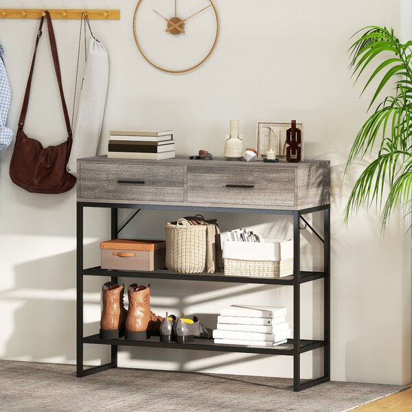 HOMCOM Console Table with 2 Drawers and 2 Mesh Shelves, Hallway Table with Metal Frame for Living Room, Entryway, Light Grey Wood Effect | Aosom Romania