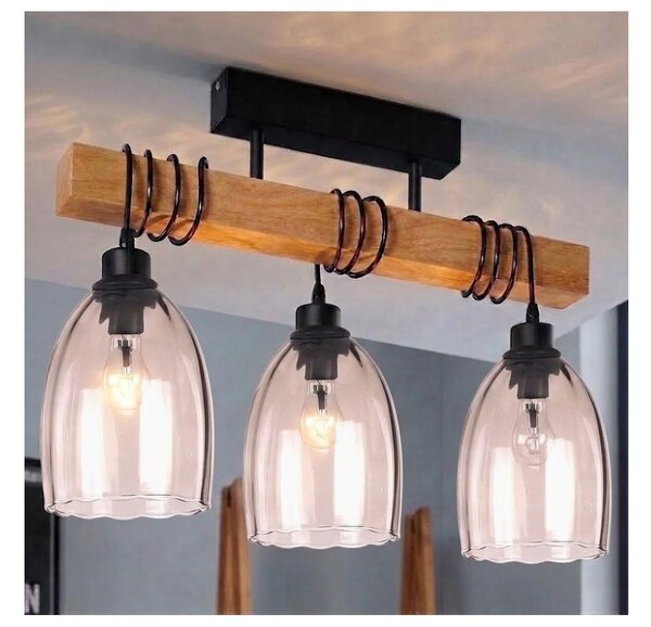 Brilagi - Lustră aplicată WOOD GLASS 3xE27/60W/230V lemn de pin/negru/bej fumuriu
