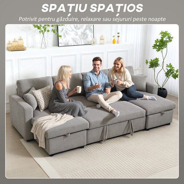 HOMCOM Canapea Extensibilă Modernă în Formă de U și Spații de Depozitare, Catifea Reiată, 282x140x86 cm, Gri | Aosom Romania