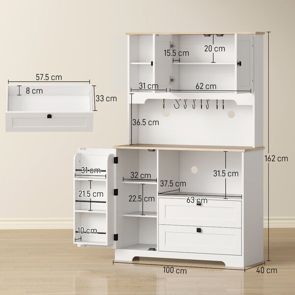 HOMCOM Bufet de Bucătărie Înalt 162 cm, Mobilier de Depozitare cu 2 Dulapuri, 2 Sertare, Suport Condimente, Orificii pentru Cabluri, Rafturi Reglabile, Blat pentru Cuptor cu Microunde, Suporturi pentru Cești, Alb | Aosom Romania