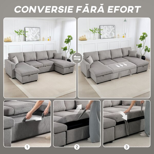 HOMCOM Canapea Extensibilă Modernă în Formă de U și Spații de Depozitare, Catifea Reiată, 282x140x86 cm, Gri | Aosom Romania