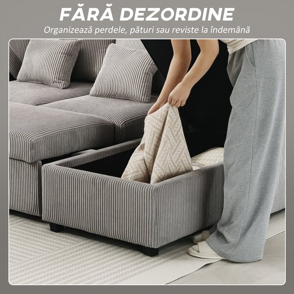 HOMCOM Canapea Extensibilă Modernă în Formă de U și Spații de Depozitare, Catifea Reiată, 282x140x86 cm, Gri | Aosom Romania