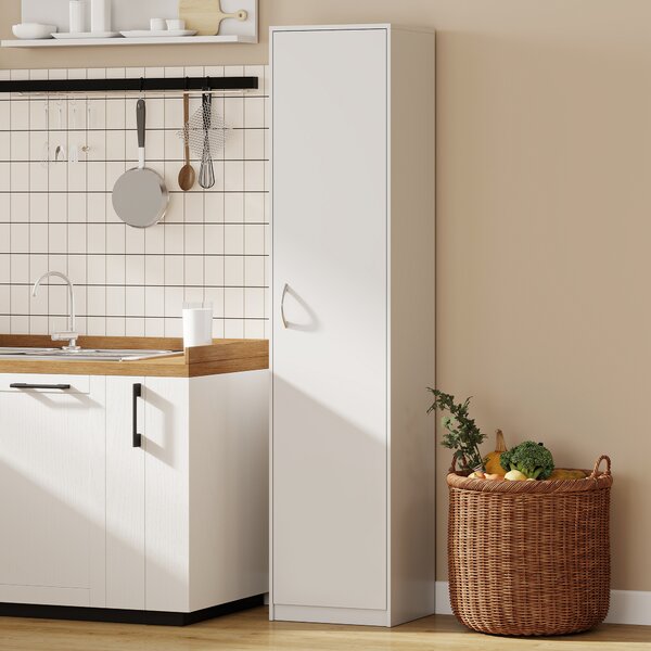 HOMCOM Dulap de Bucătărie Înalt Slim 180 cm, Mobilier cu 5 Rafturi și Ușă Soft Close, Anti-Răsturnare, Rafturi Reglabile, Mobilier Modern pentru Bucătărie, Alb | Aosom Romania