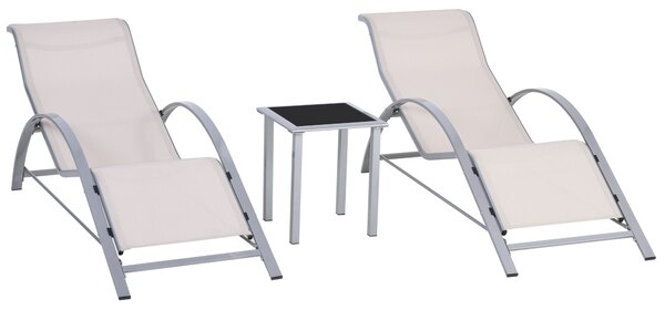 Outsunny Set de 2 Șezlonguri și Măsuță cu Blat din Sticlă, 59x169x66 cm, Crem | Aosom Romania