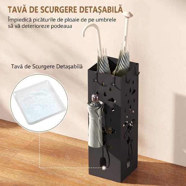 HOMCOM Suport de Umbrele Pătrat din Metal pentru Intrare, Suport Autoportant cu Tavă Detașabilă și 4 Cârlige, pentru Interior și Exterior, 15.5x15.5x49 cm, Negru | Aosom Romania
