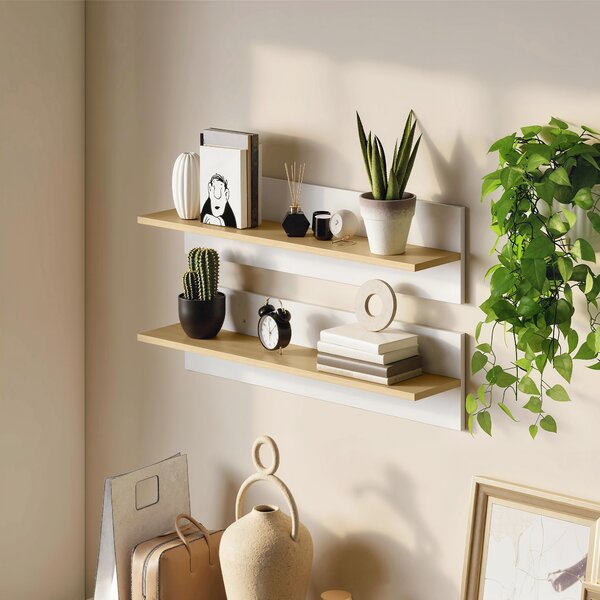 HOMCOM Set 2 Rafturi de Perete pentru Casă și Birou, Rafturi din Lemn pentru Bucătărie și Living, 80x16.5x20 cm, Alb și Lemn Natural | Aosom Romania