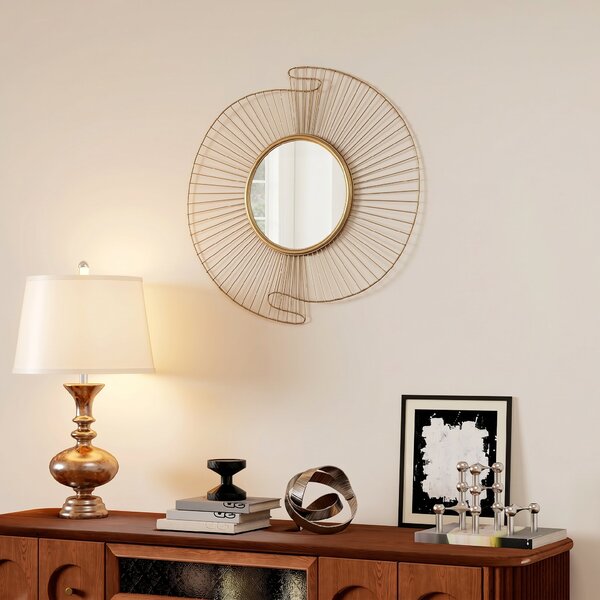 HOMCOM Oglindă Decorativă de Perete Rotundă, Design Modern cu Benzi Metalice și Ramă Plisată, Pentru Sufragerie, Dormitor și Hol, 60x60 cm, Auriu | Aosom Romania