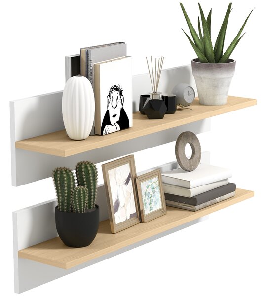 HOMCOM Set 2 Rafturi de Perete pentru Casă și Birou, Rafturi din Lemn pentru Bucătărie și Living, 80x16.5x20 cm, Alb și Lemn Natural | Aosom Romania