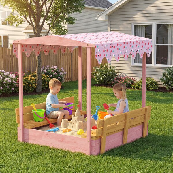 AIYAPLAY Ladă de Nisip pentru Copii 3-6 Ani cu Acoperiș cu Flamingo, Scaune Pliabile, Capac și Husă Incluse, Ladă de Joacă din Lemn de Brad, 134,5x127,5x130 cm, Roz | Aosom Romania