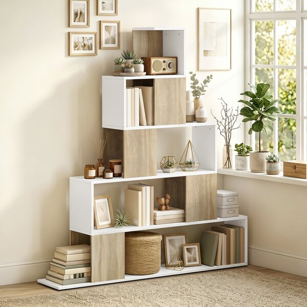 HOMCOM Bibliotecă cu 5 Rafturi Tip Trepte, Alb și Lemn Natural | Aosom Romania