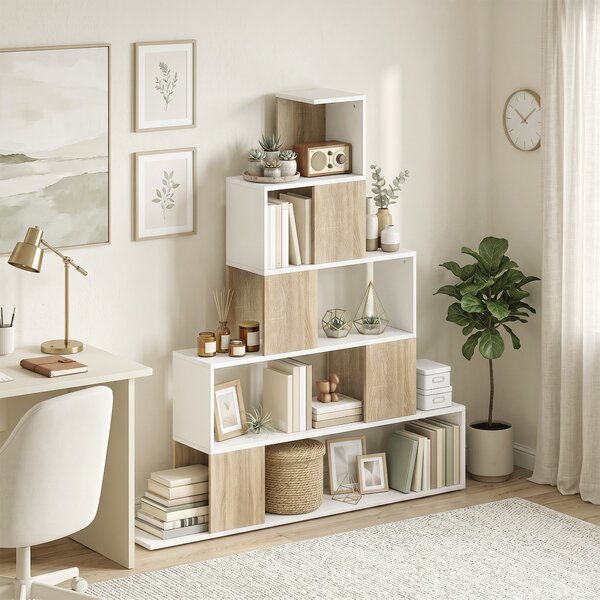 HOMCOM Bibliotecă cu 5 Rafturi Tip Trepte, Alb și Lemn Natural | Aosom Romania