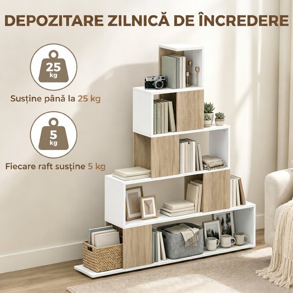 HOMCOM Bibliotecă cu 5 Rafturi Tip Trepte, Alb și Lemn Natural | Aosom Romania