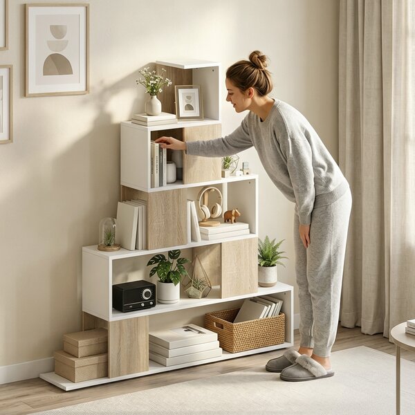HOMCOM Bibliotecă cu 5 Rafturi Tip Trepte, Alb și Lemn Natural | Aosom Romania