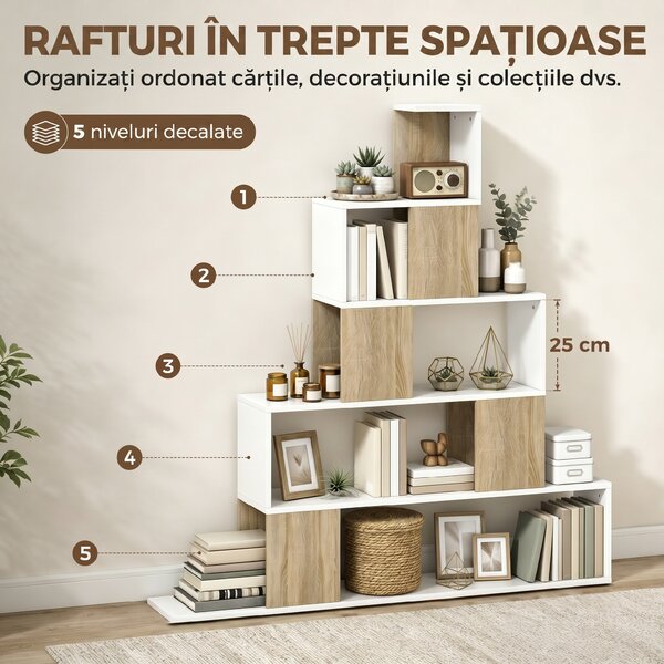 HOMCOM Bibliotecă cu 5 Rafturi Tip Trepte, Alb și Lemn Natural | Aosom Romania