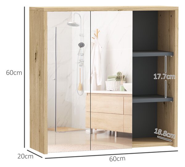 HOMCOM Dulap de Baie cu Oglindă și 2 Uși, 60x20x60 cm, Compartiment Deschis, Natur | Aosom Romania