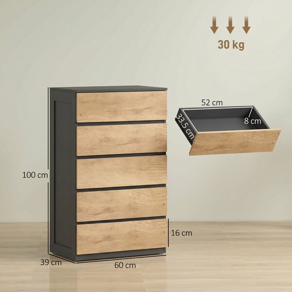 HOMCOM Comodă cu 5 Sertare din Lemn, cu Șine Metalice și Mânere Decupate, 60x39x100 cm | Aosom Romania