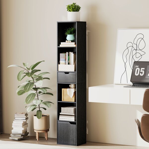 HOMCOM Bibliotecă cu 4 Rafturi Deschise, Dulap și Sertar, 30x24x158 cm, Negru | Aosom Romania