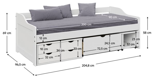 KONDELA Pat cu spaţiu de depozitare, alb, lemn masiv, 90x200, MAXI NEW