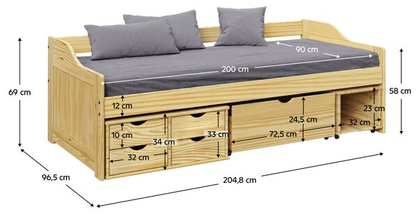 KONDELA Pat cu spaţiu de depozitare, natural, lemn masiv, 90x200, MAXI NEW