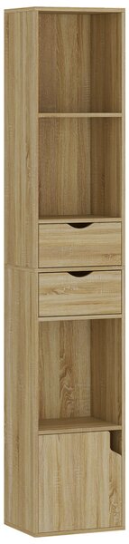 HOMCOM Bibliotecă Îngustă cu 6 Rafturi, Sertare, Ușă și Polițe Deschise, 30x24x158 cm, Stejar | Aosom Romania