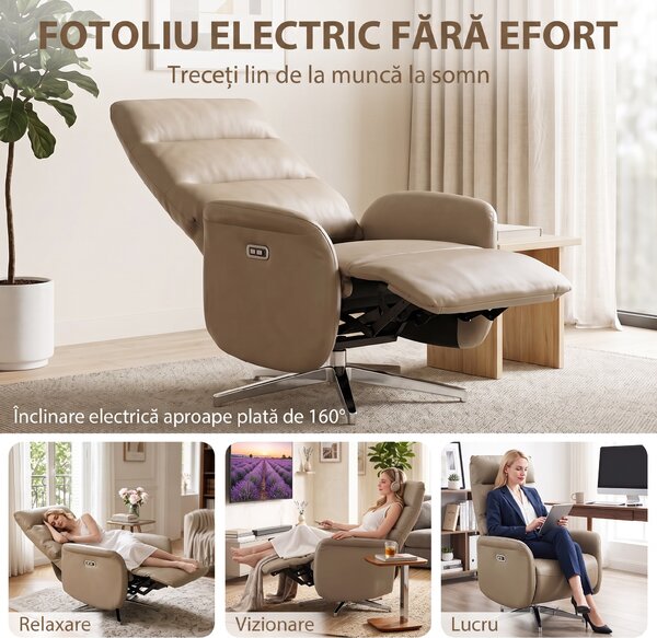 HOMCOM Fotoliu Electric Reclinabil și Rotativ cu Suport pentru Picioare, USB, Maro | Aosom Romania