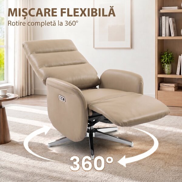 HOMCOM Fotoliu Electric Reclinabil și Rotativ cu Suport pentru Picioare, USB, Maro | Aosom Romania