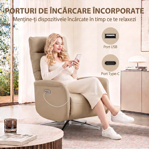 HOMCOM Fotoliu Electric Reclinabil și Rotativ cu Suport pentru Picioare, USB, Maro | Aosom Romania