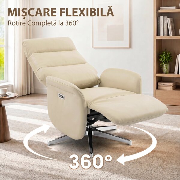 HOMCOM Fotoliu Reclinabil Electric, Rotativ, cu Suport pentru Picioare, USB, Bej | Aosom Romania