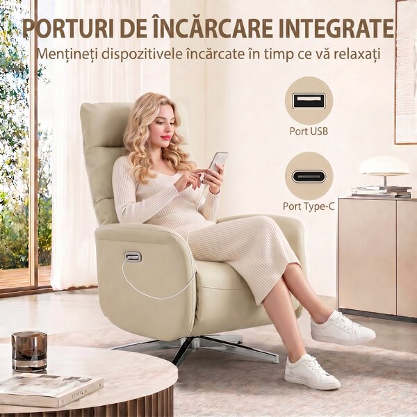 HOMCOM Fotoliu Reclinabil Electric, Rotativ, cu Suport pentru Picioare, USB, Bej | Aosom Romania