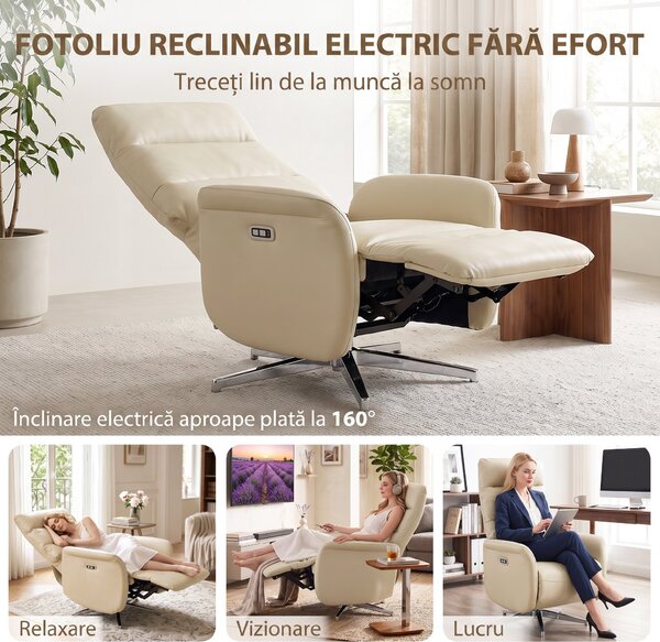 HOMCOM Fotoliu Reclinabil Electric, Rotativ, cu Suport pentru Picioare, USB, Bej | Aosom Romania