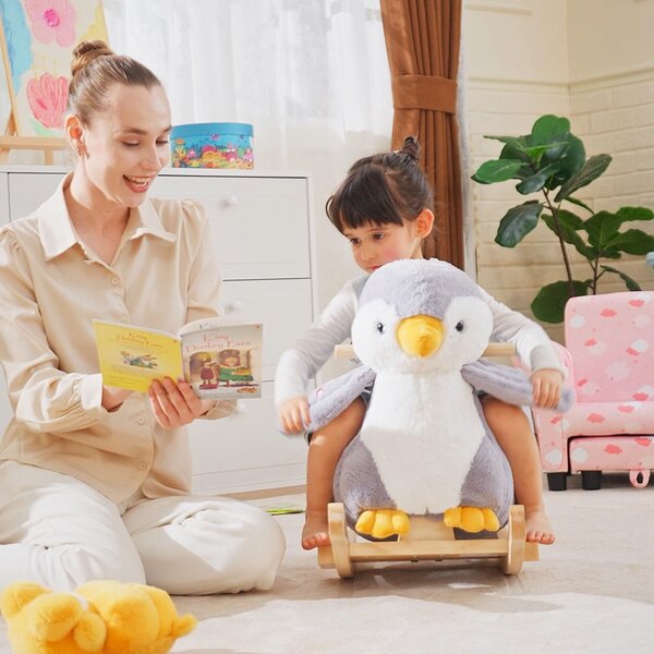 HOMCOM Balansoar Pinguin din Pluș cu Melodii și Centură de Siguranță, Balansoar pentru Copii, 60x33x50 cm, Gri | Aosom Romania