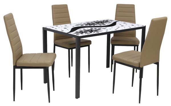 Set Masă fixă Dreptunghiulară Black Flower cu 4 scaune Piele Oscar Maro Deschis