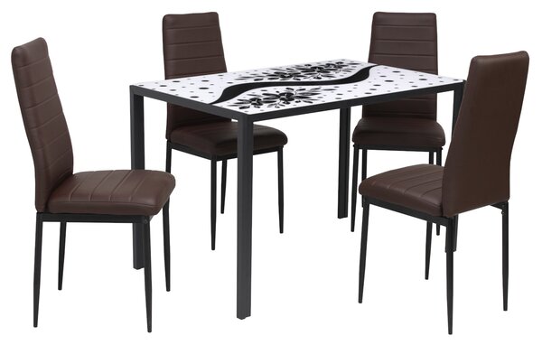 Set Masă fixă Dreptunghiulară Black Flower cu 4 scaune Piele Oscar Maro