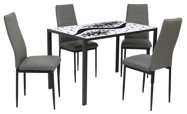 Set Masă fixă Dreptunghiulară Black Flower cu 4 scaune Piele Oscar Gri