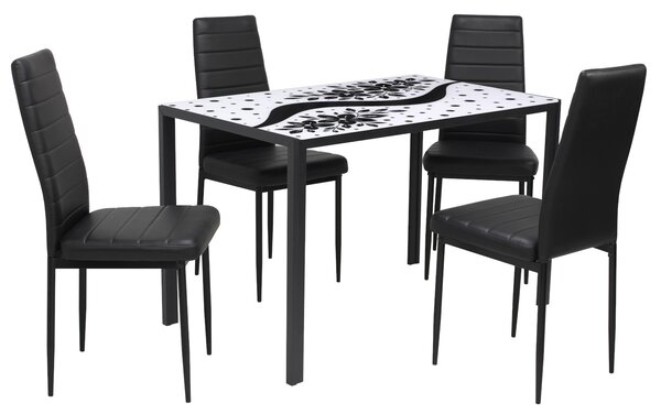 Set Masă fixă Dreptunghiulară Black Flower cu 4 scaune Piele Oscar Negru