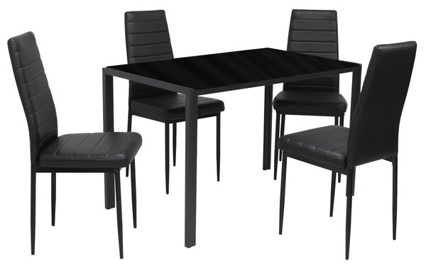 Set Masă fixă Dreptunghiulară Luna Negru cu 4 scaune Piele Oscar Negru